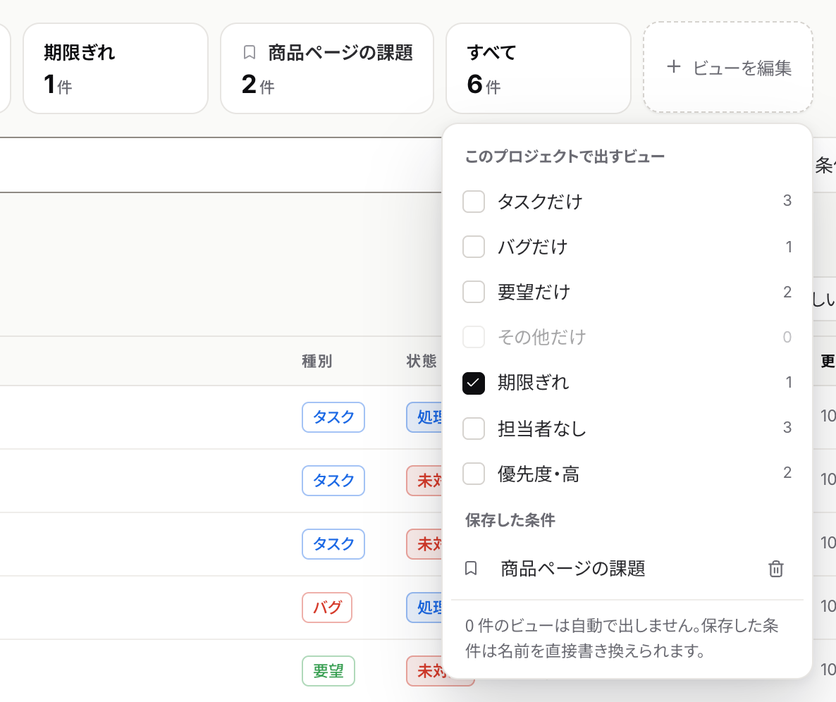ビューを編集のメニュー。表示するビューと保存した条件が並ぶ