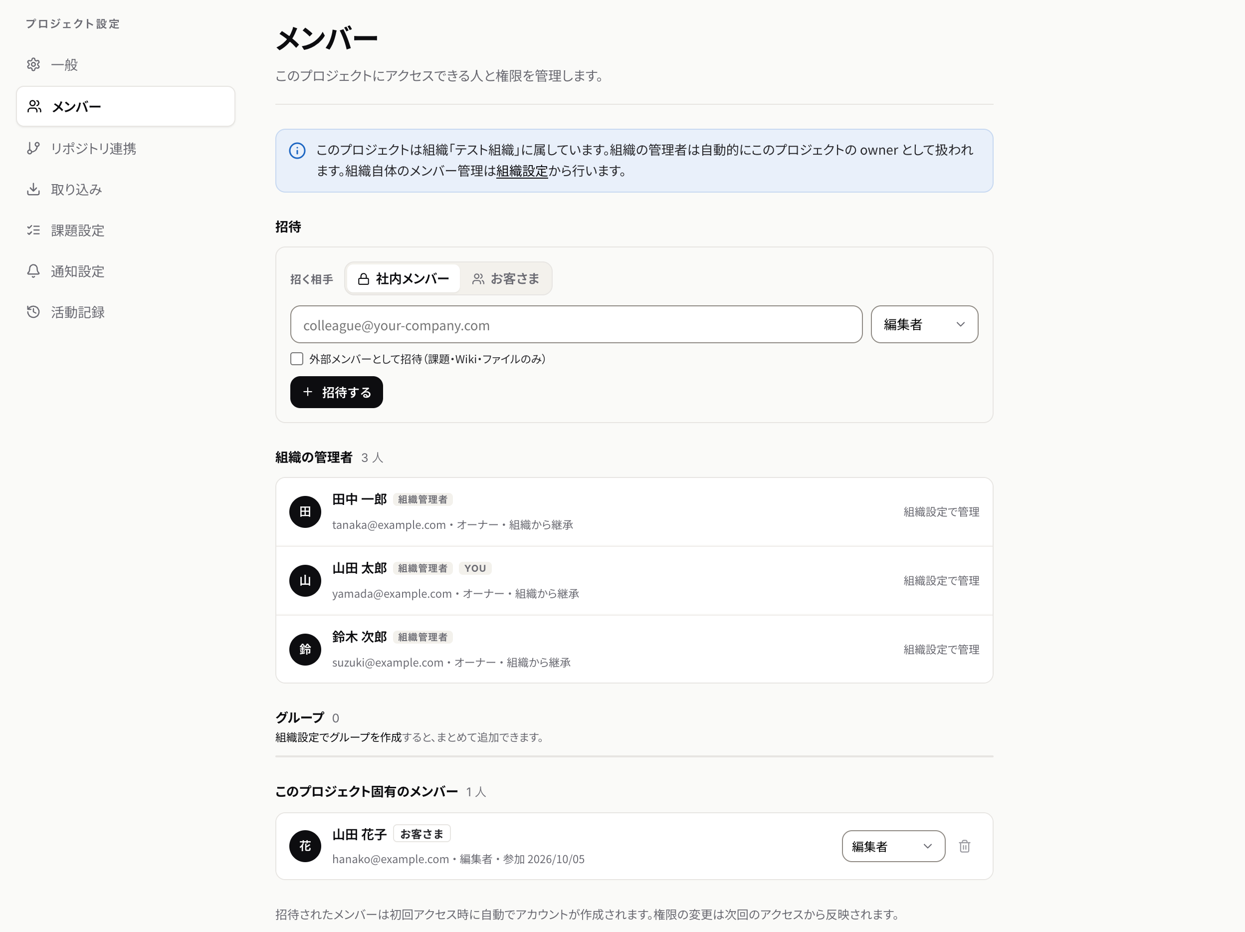 プロジェクトの設定のメンバー。招待のフォーム、組織の管理者、このプロジェクト固有のメンバーが並ぶ