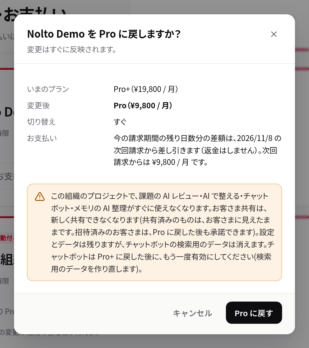 「Pro に戻す」の確認の画面。いまのプラン・変更後・切り替えの時期・お支払いが並ぶ