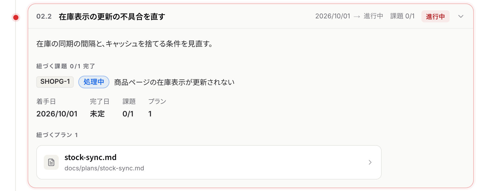 タスクを開いたところ。内容、紐づく課題、着手日と完了日、紐づくプランが表示される