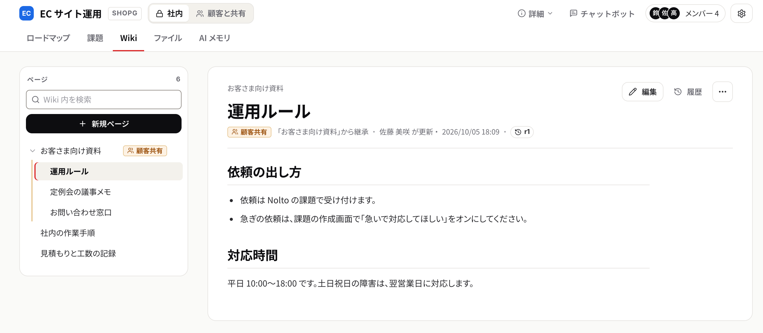 社内モードの Wiki。共有ルートに顧客共有の印が付き、子ページに共有ルートから継承と表示される
